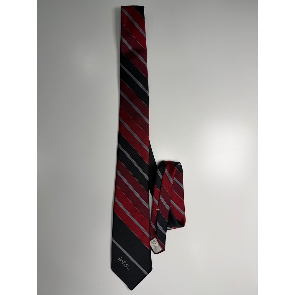 Halston Mens Necktie Black Red Grey Diagonal Stripe Silk Blend Designer Tie